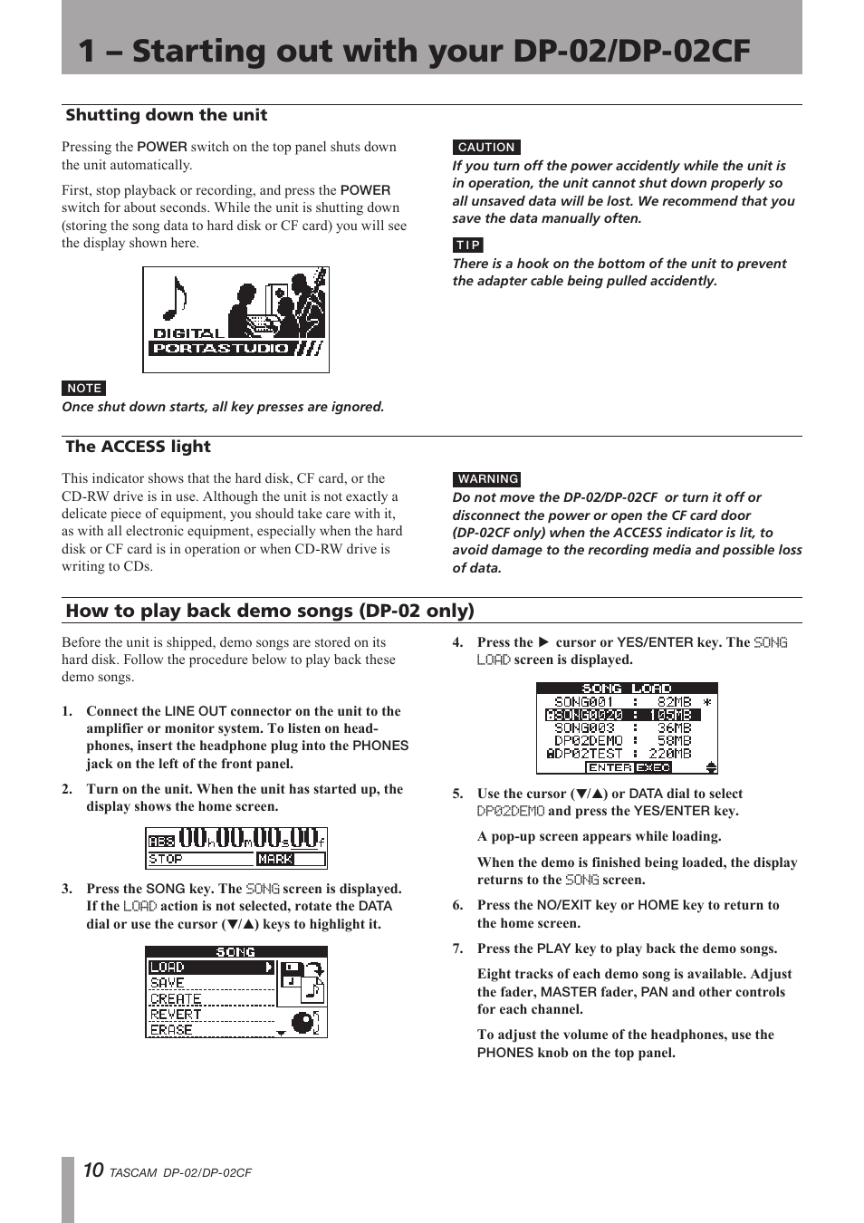 Shutting down the unit, The access light, How to play back demo songs (dp-02 only) | Shutting down the unit the access light, How to play back demo songs, Dp-02 only), Important safety precautions | Tascam DP-02 User Manual | Page 10 / 80