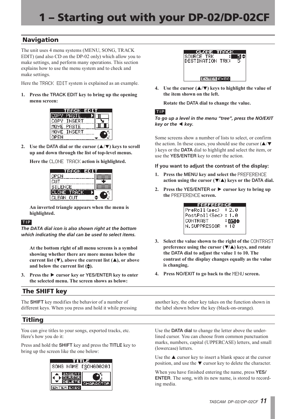 Navigation, The shift key, Titling | Navigation the shift key titling, Important safety instructions | Tascam DP-02 User Manual | Page 11 / 80