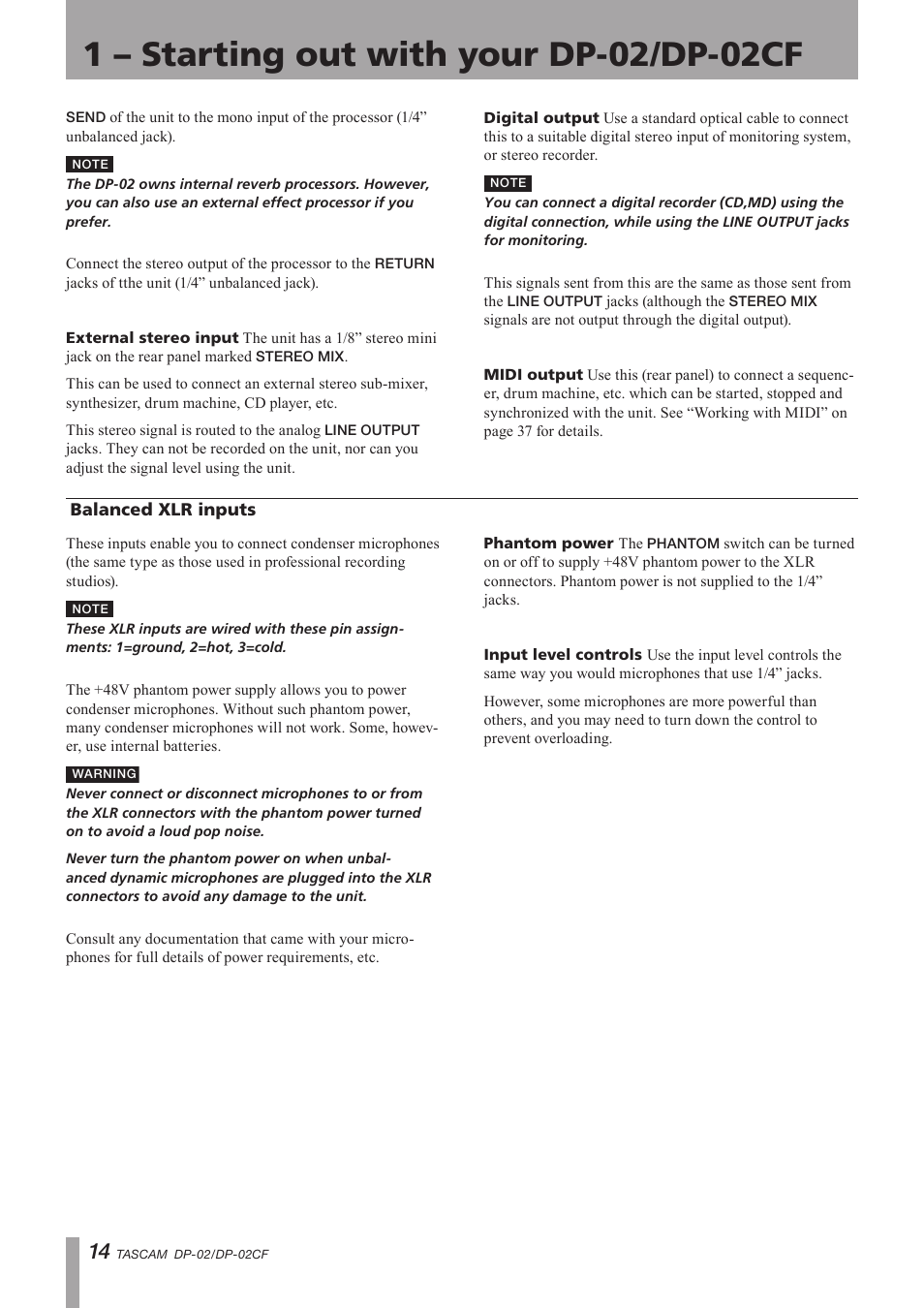 Balanced xlr inputs, Important safety precautions | Tascam DP-02 User Manual | Page 14 / 80