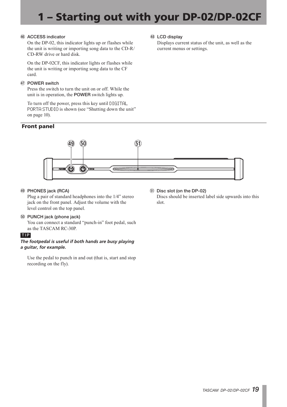 Front panel, Important safety instructions | Tascam DP-02 User Manual | Page 19 / 80