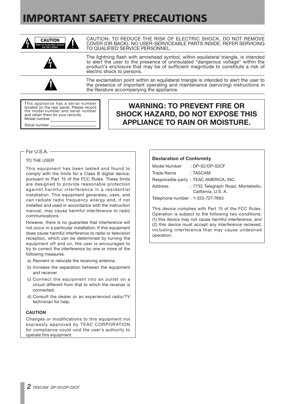 Important safety precautions | Tascam DP-02 User Manual | Page 2 / 80