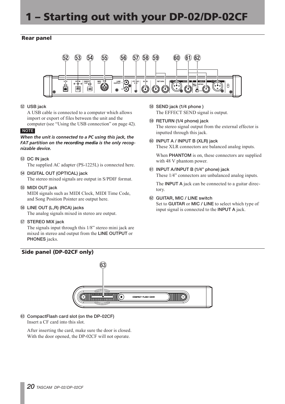 Rear panel, Side panel (dp-02cf only), Rear panel side panel (dp-02cf only) | Important safety precautions | Tascam DP-02 User Manual | Page 20 / 80