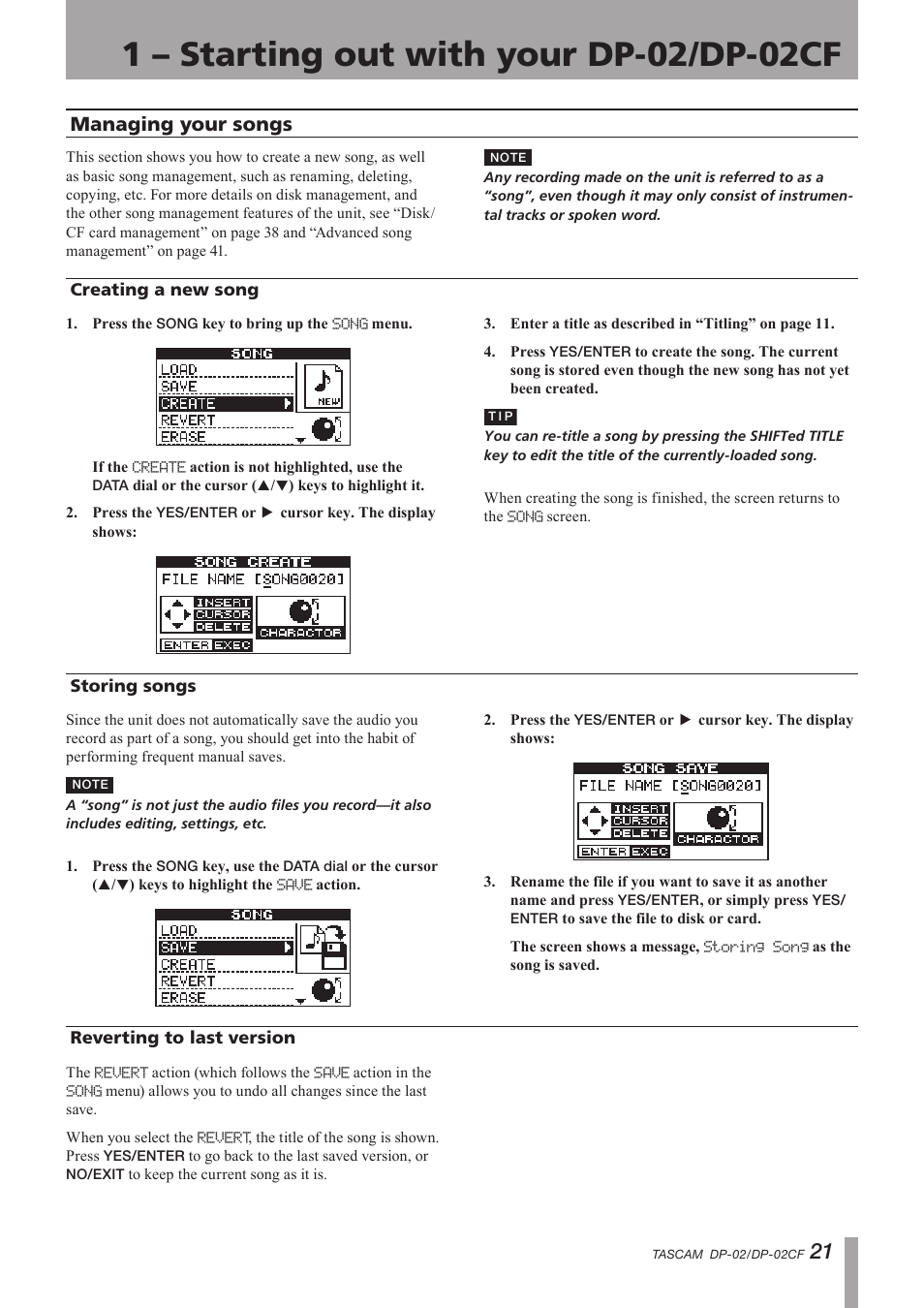 Managing your songs, Creating a new song, Storing songs | Reverting to last version, Important safety instructions | Tascam DP-02 User Manual | Page 21 / 80