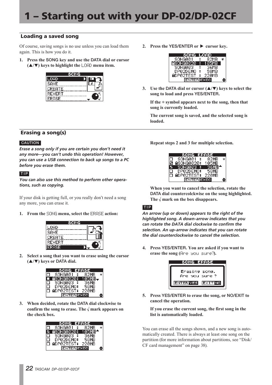 Loading a saved song, Erasing a song(s), Loading a saved song erasing a song(s) | Important safety precautions | Tascam DP-02 User Manual | Page 22 / 80
