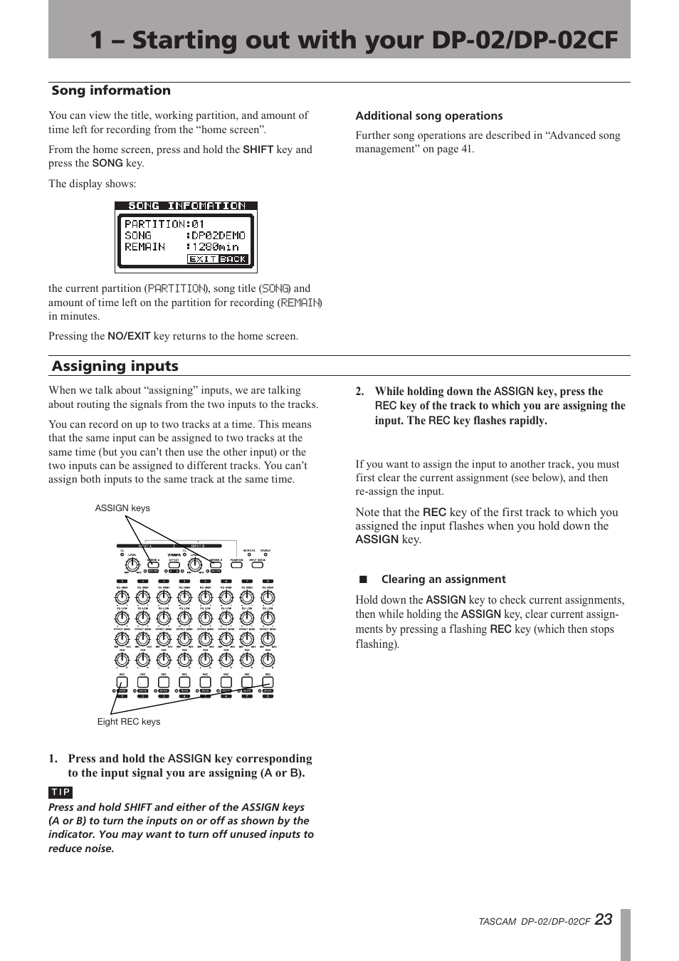 Song information, Assigning inputs, Clearing an assignment | Important safety instructions | Tascam DP-02 User Manual | Page 23 / 80
