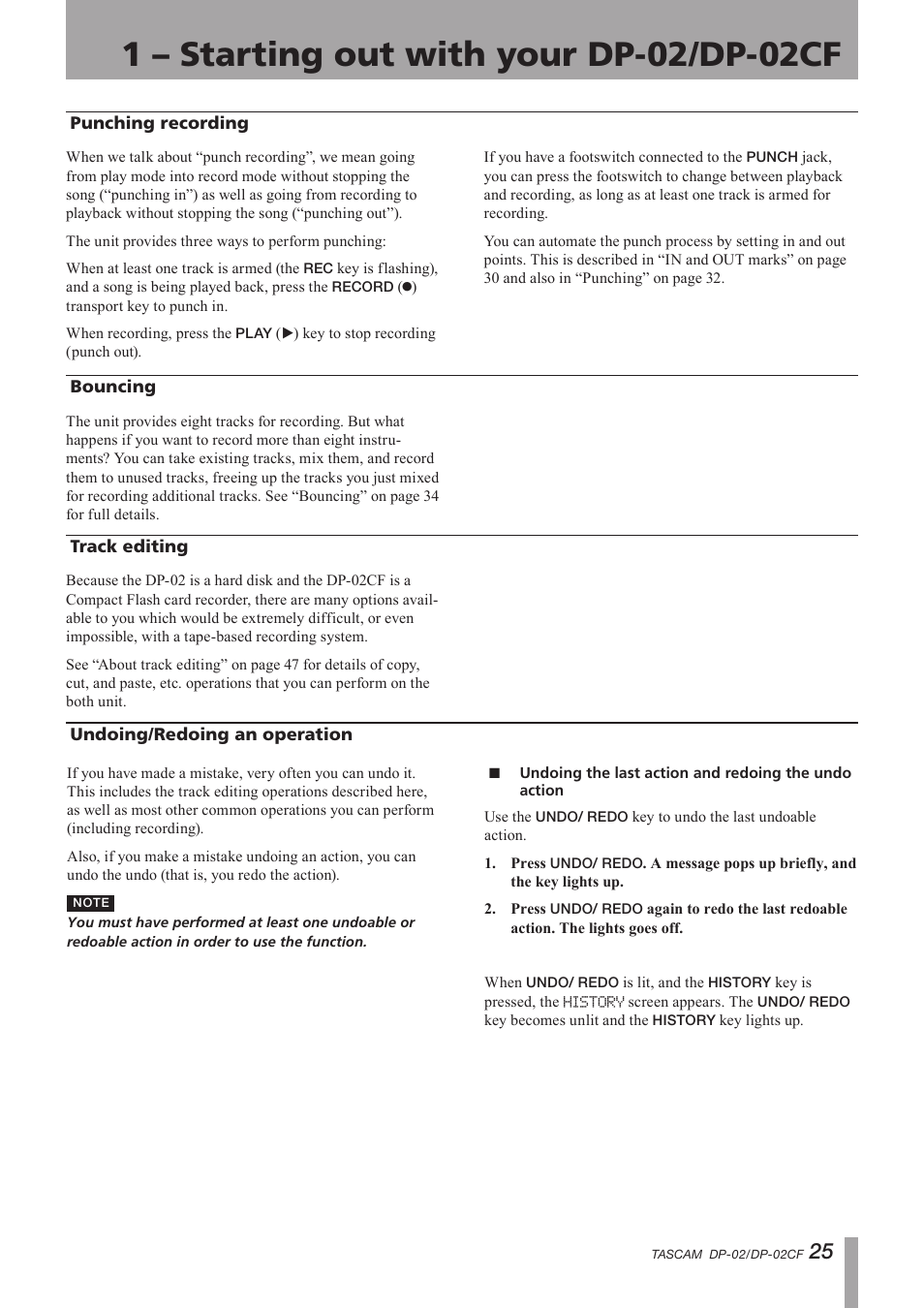 Punching recording, Bouncing, Track editing | Undoing/redoing an operation, Undoing the last action and redoing the undo, Action, Important safety instructions | Tascam DP-02 User Manual | Page 25 / 80