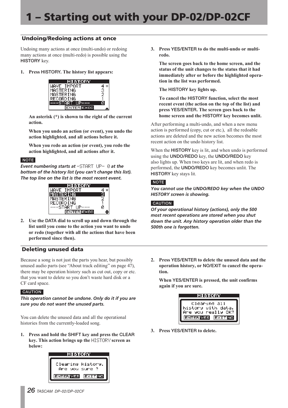 Undoing or redoing actions at once, Deleting unused data, Undoing/redoing actions at once | Important safety precautions | Tascam DP-02 User Manual | Page 26 / 80