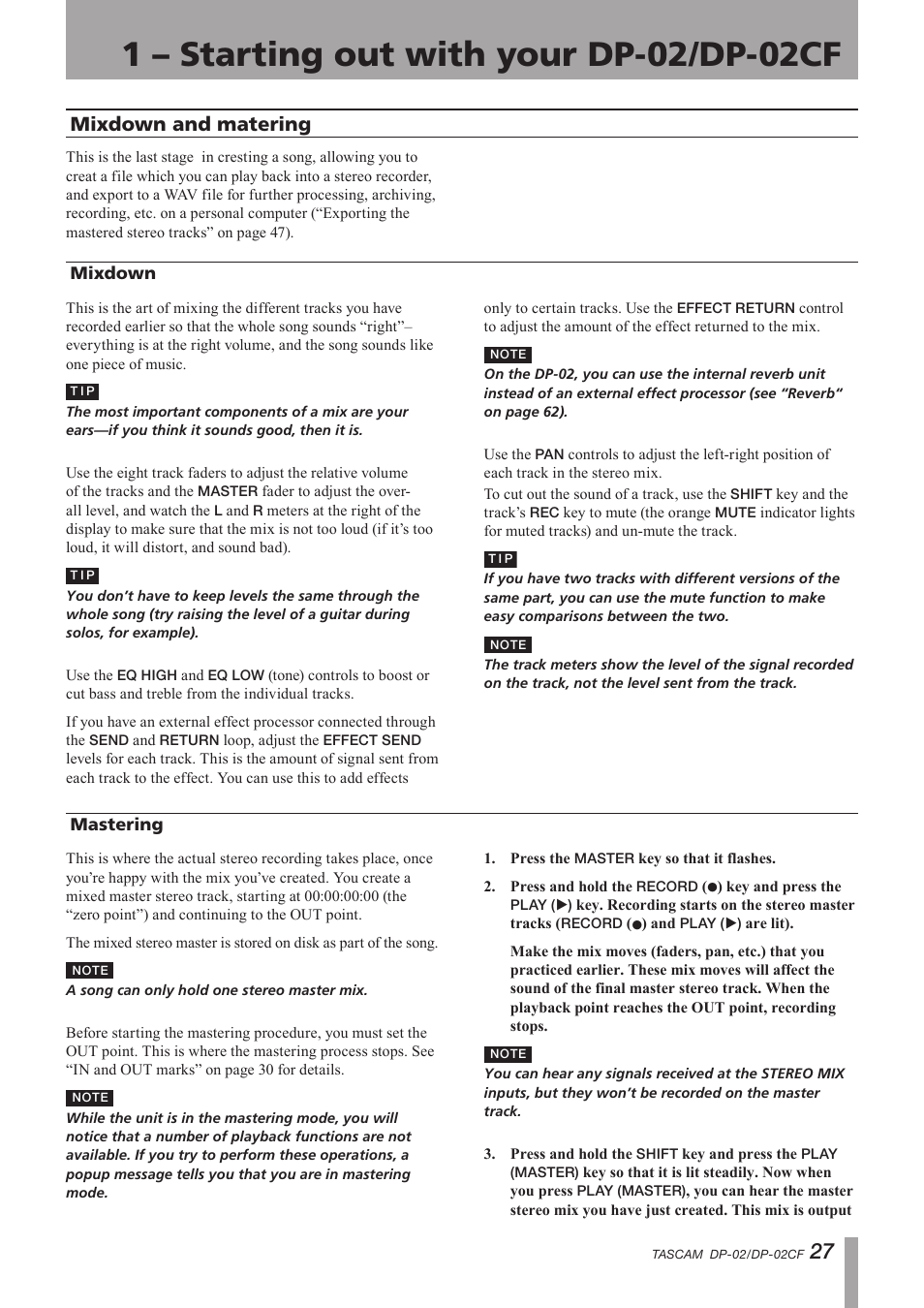 Mixdown and matering, Mixdown, Mastering | Mixdown mastering, Important safety instructions | Tascam DP-02 User Manual | Page 27 / 80