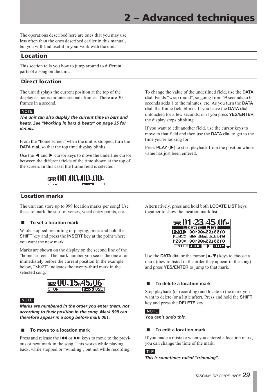 2 - advanced techniques, Location, Direct location | Location marks, To set a location mark, To move to a location mark, To delete a location mark, To edit a location mark, 2 – advanced techniques, Direct location location marks | Tascam DP-02 User Manual | Page 29 / 80
