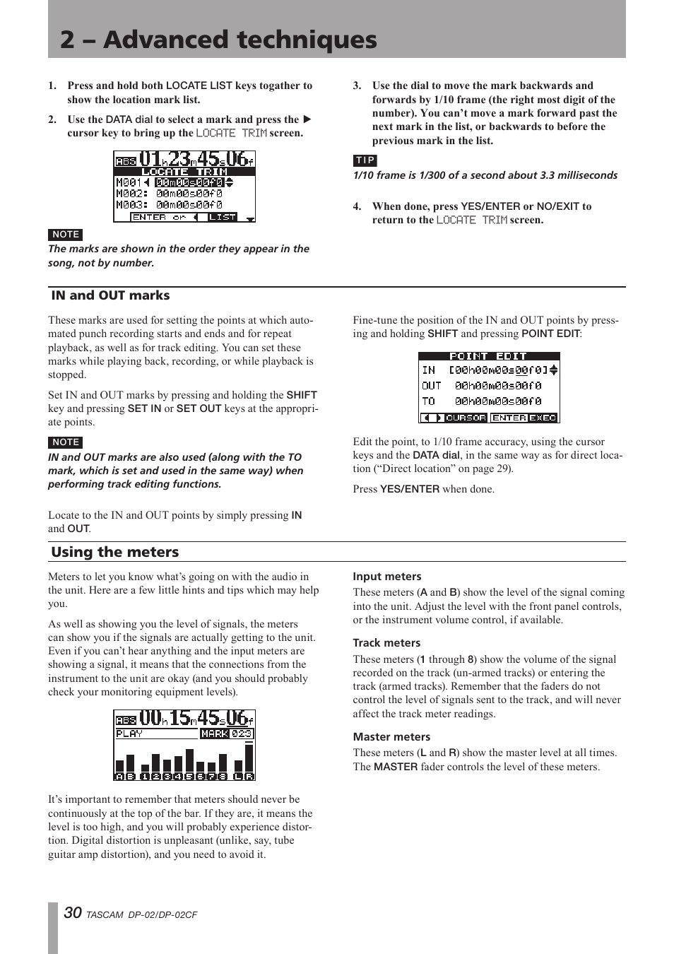 In and out marks, Using the meters, Input meters | Track meters, Master meters, Important safety precautions, 2 – advanced techniques | Tascam DP-02 User Manual | Page 30 / 80
