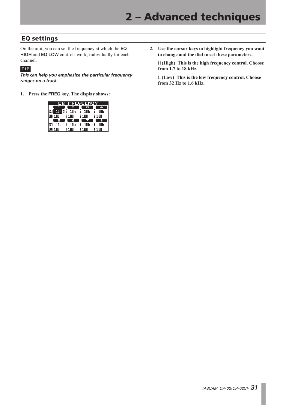 Eq settings, Important safety instructions, 2 – advanced techniques | Tascam DP-02 User Manual | Page 31 / 80