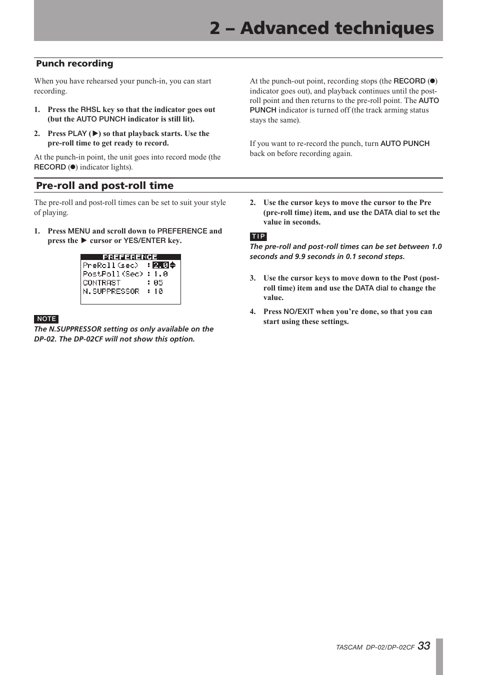 Punch recording, Pre-roll and post-roll time, Important safety instructions | 2 – advanced techniques | Tascam DP-02 User Manual | Page 33 / 80