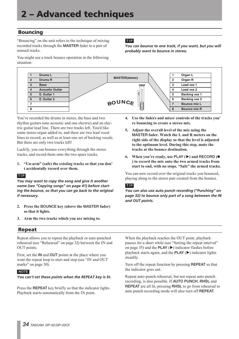 Bouncing, Repeat, Bouncing repeat | Important safety precautions, 2 – advanced techniques, Repeat bouncing | Tascam DP-02 User Manual | Page 34 / 80