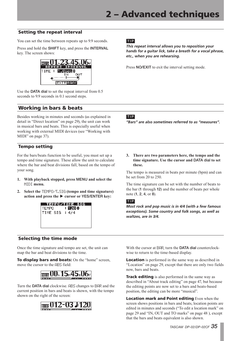 Setting the repeat interval, Working in bars & beats, Tempo setting | Selecting the time mode, Tempo setting selecting the time mode, Important safety instructions, 2 – advanced techniques | Tascam DP-02 User Manual | Page 35 / 80