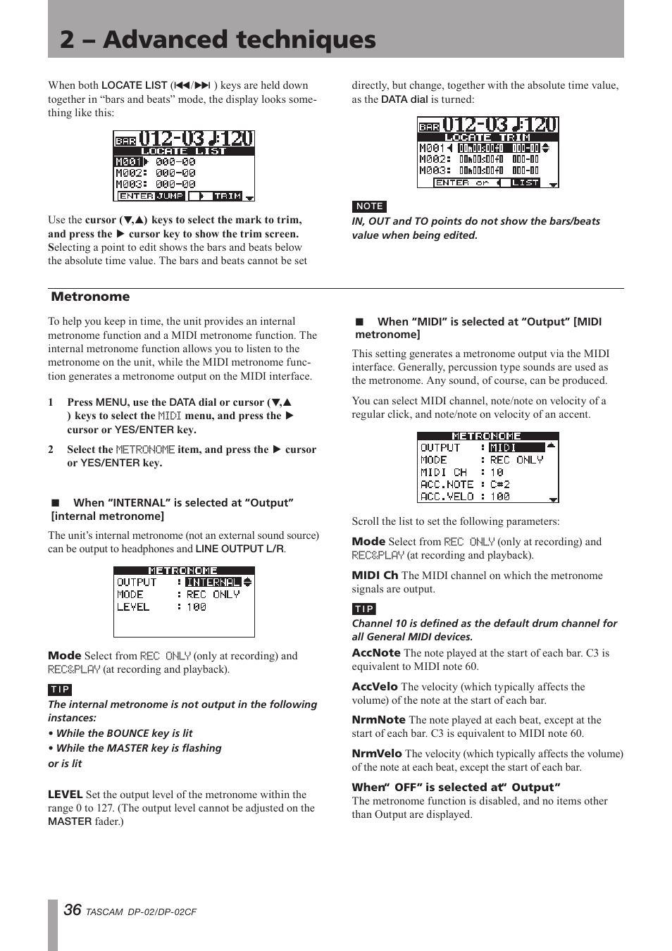 Metronome, When “internal” is selected at “output, Internal metronome | When “midi” is selected at “output, Midi metronome, Important safety precautions, 2 – advanced techniques | Tascam DP-02 User Manual | Page 36 / 80