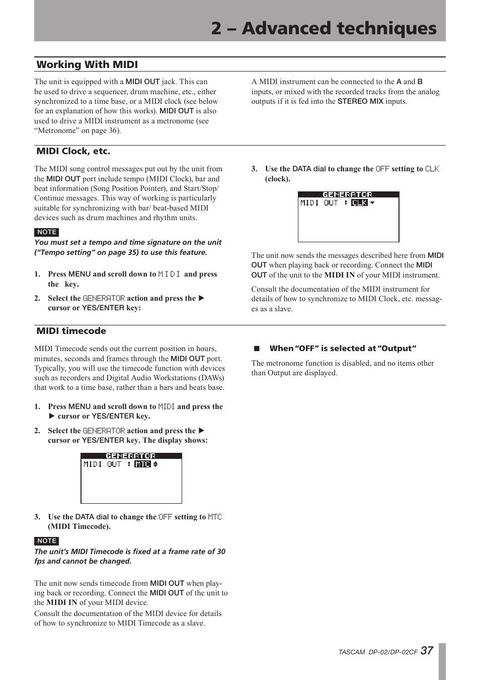 Working with midi, Midi clock, etc, Midi timecode | Midi clock, etc midi timecode, Important safety instructions, 2 – advanced techniques | Tascam DP-02 User Manual | Page 37 / 80