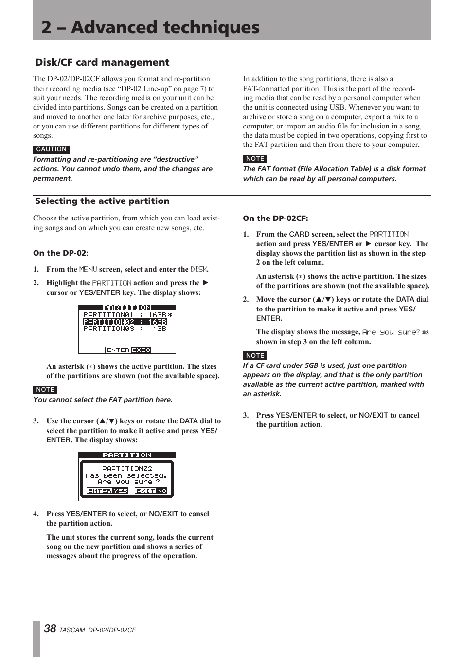 Disk / cf card management, Selecting the active partition, Disk/cf card management | Important safety precautions, 2 – advanced techniques | Tascam DP-02 User Manual | Page 38 / 80