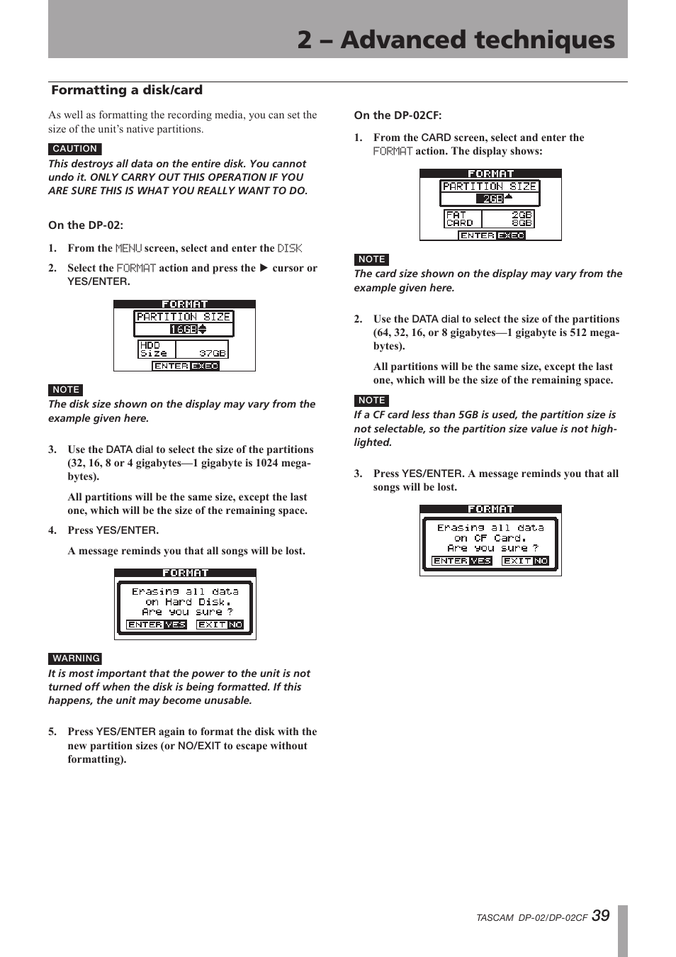 Formatting a disk/card, Important safety instructions, 2 – advanced techniques | Tascam DP-02 User Manual | Page 39 / 80