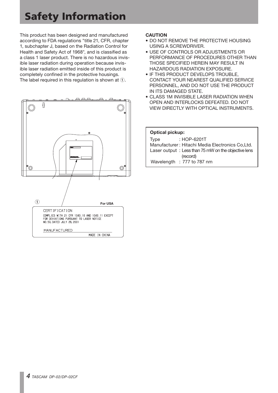 Safety information | Tascam DP-02 User Manual | Page 4 / 80