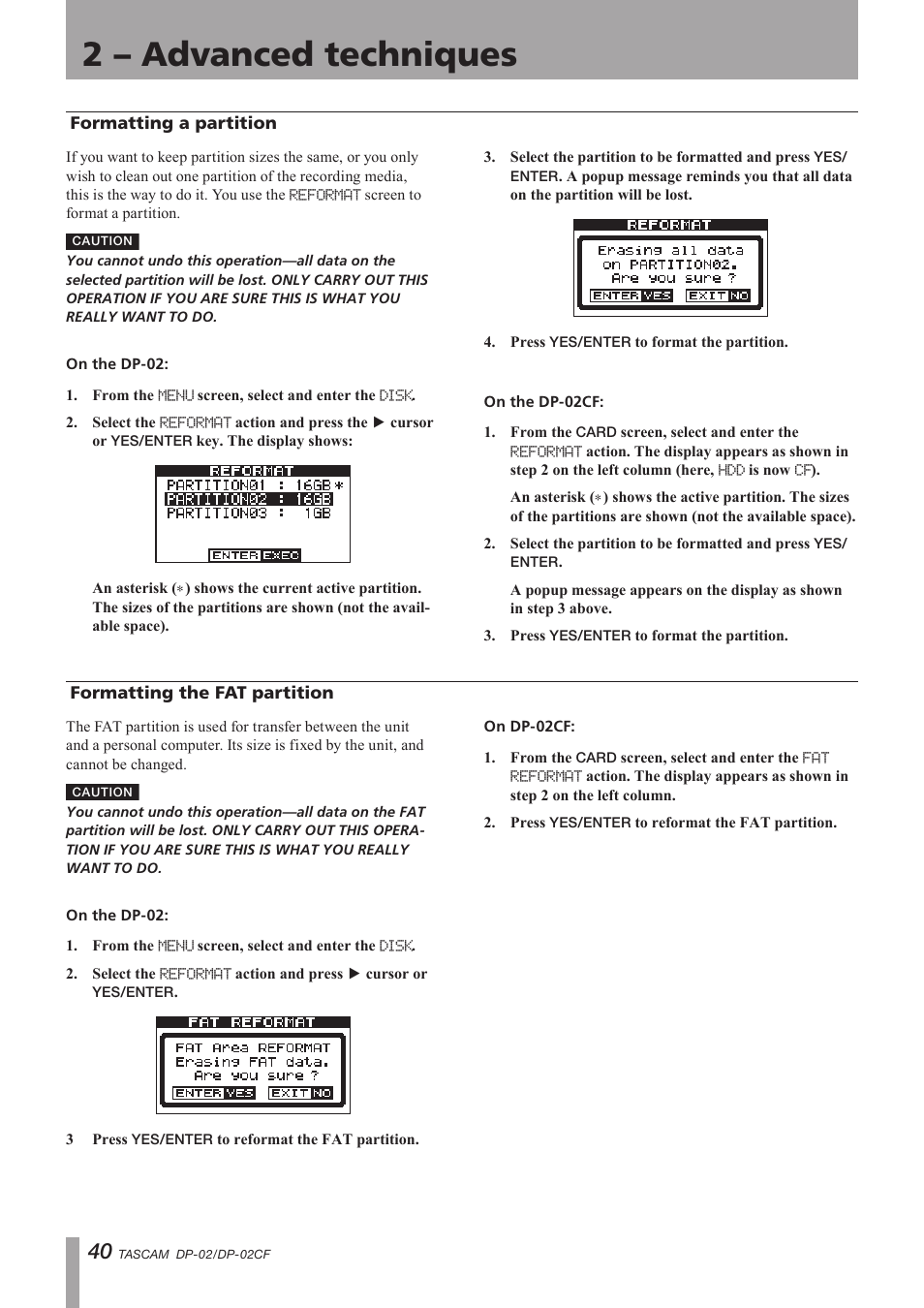 On the dp-02, On the dp-02cf, Formatting a partition | Formatting the fat partition, On dp-02cf, Important safety precautions, 2 – advanced techniques | Tascam DP-02 User Manual | Page 40 / 80