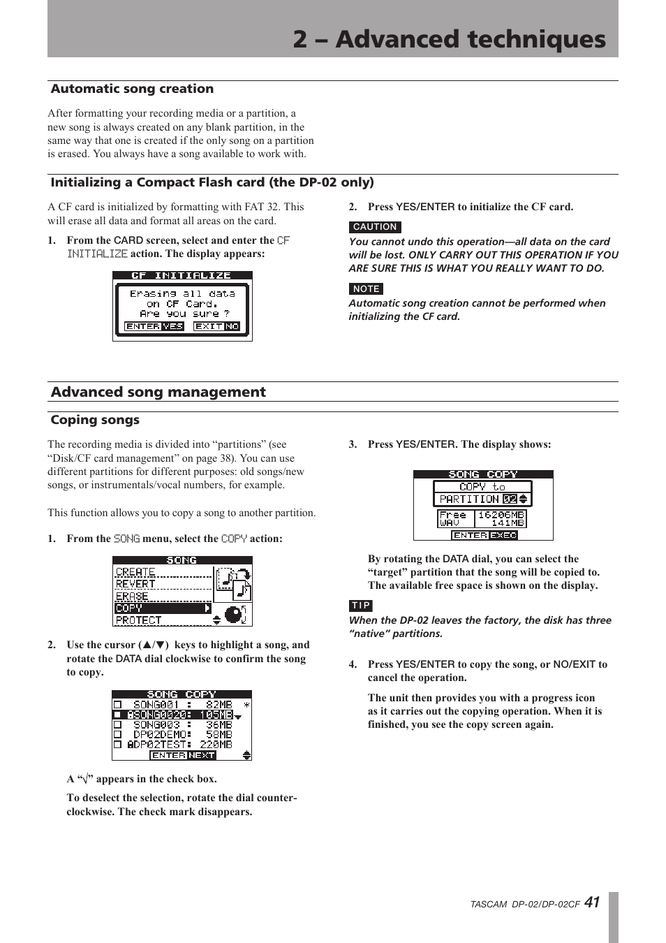 Automatic song creation, Initializing a compact flash card (the dp-02 only), Advanced song management | Coping songs, The dp-02 only), Important safety instructions, 2 – advanced techniques | Tascam DP-02 User Manual | Page 41 / 80