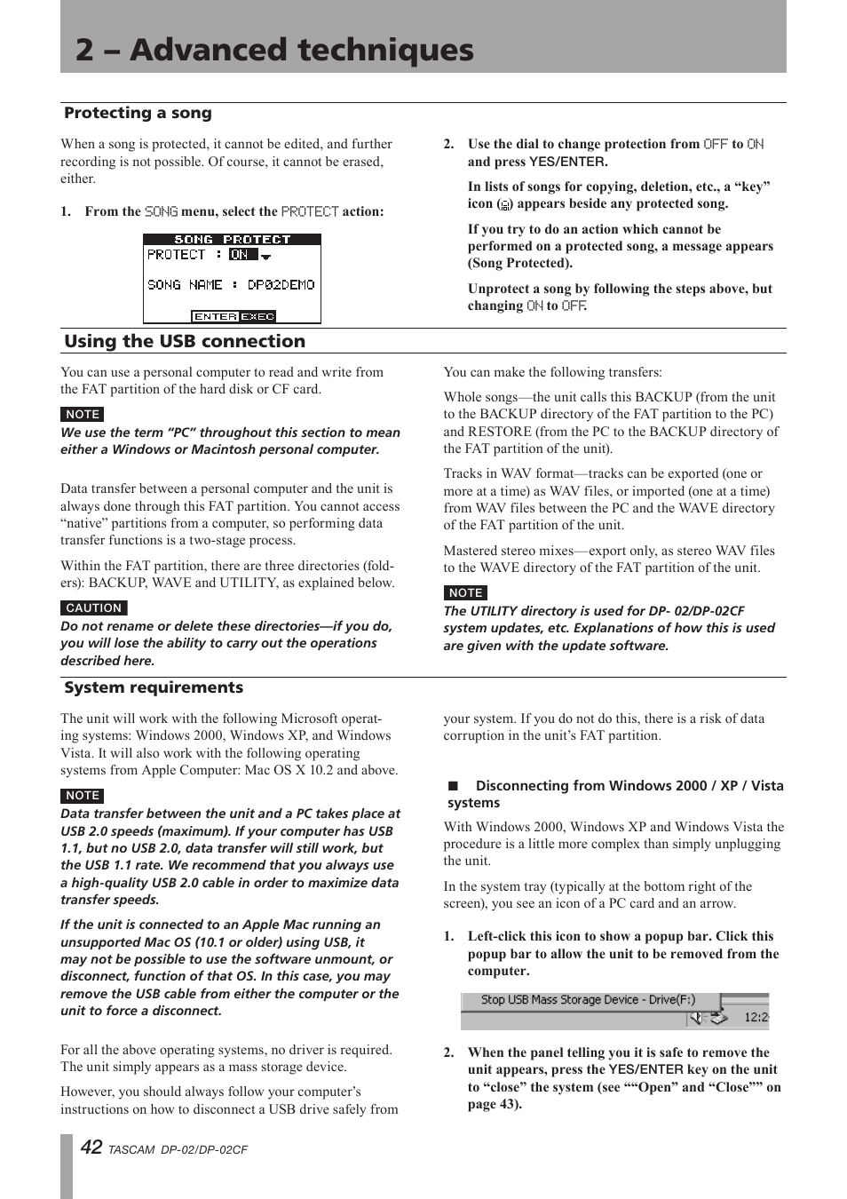 Protecting a song, Using the usb connection, System requirements | Disconnecting from windows 2000 / xp, Vista systems, Important safety precautions, 2 – advanced techniques | Tascam DP-02 User Manual | Page 42 / 80