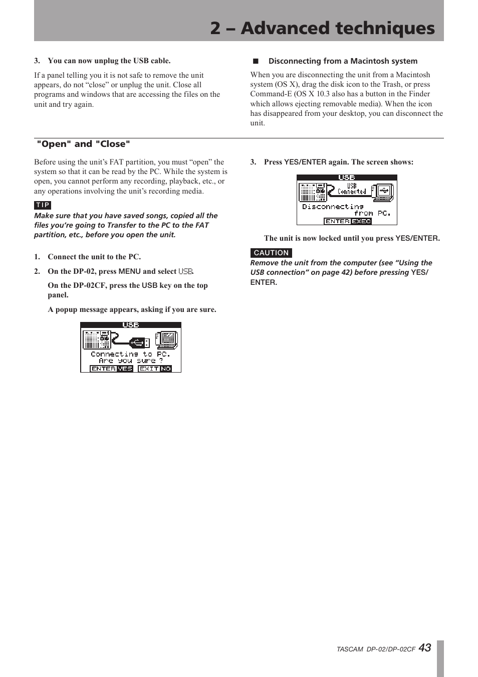 Open" and "close, Disconnecting from a macintosh system, Important safety instructions | 2 – advanced techniques | Tascam DP-02 User Manual | Page 43 / 80