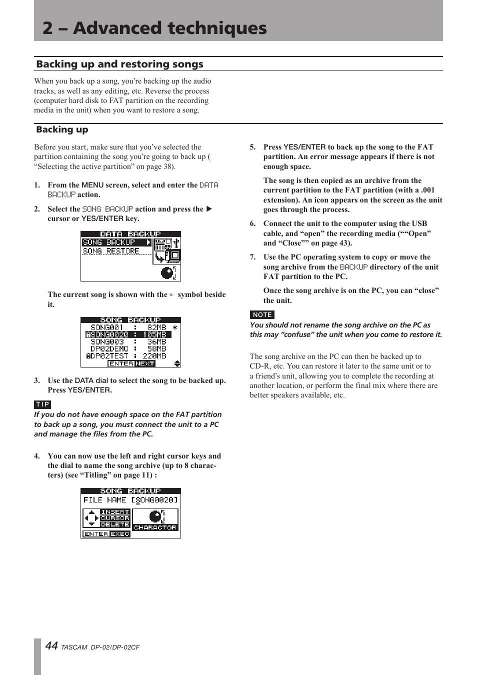 Backing up and restoring songs, Backing up, Important safety precautions | 2 – advanced techniques | Tascam DP-02 User Manual | Page 44 / 80