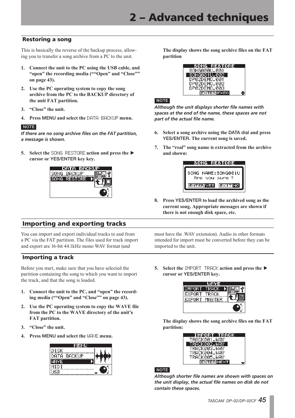 Restoring a song, Importing and exporting tracks, Importing a track | Important safety instructions, 2 – advanced techniques | Tascam DP-02 User Manual | Page 45 / 80