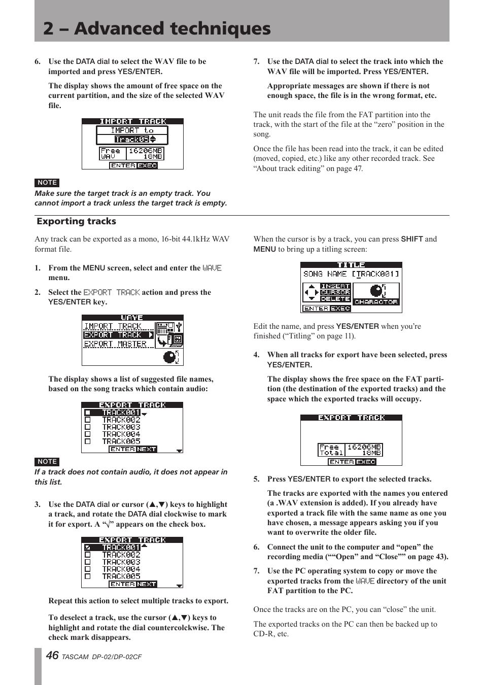 Exporting tracks, Important safety precautions, 2 – advanced techniques | Tascam DP-02 User Manual | Page 46 / 80