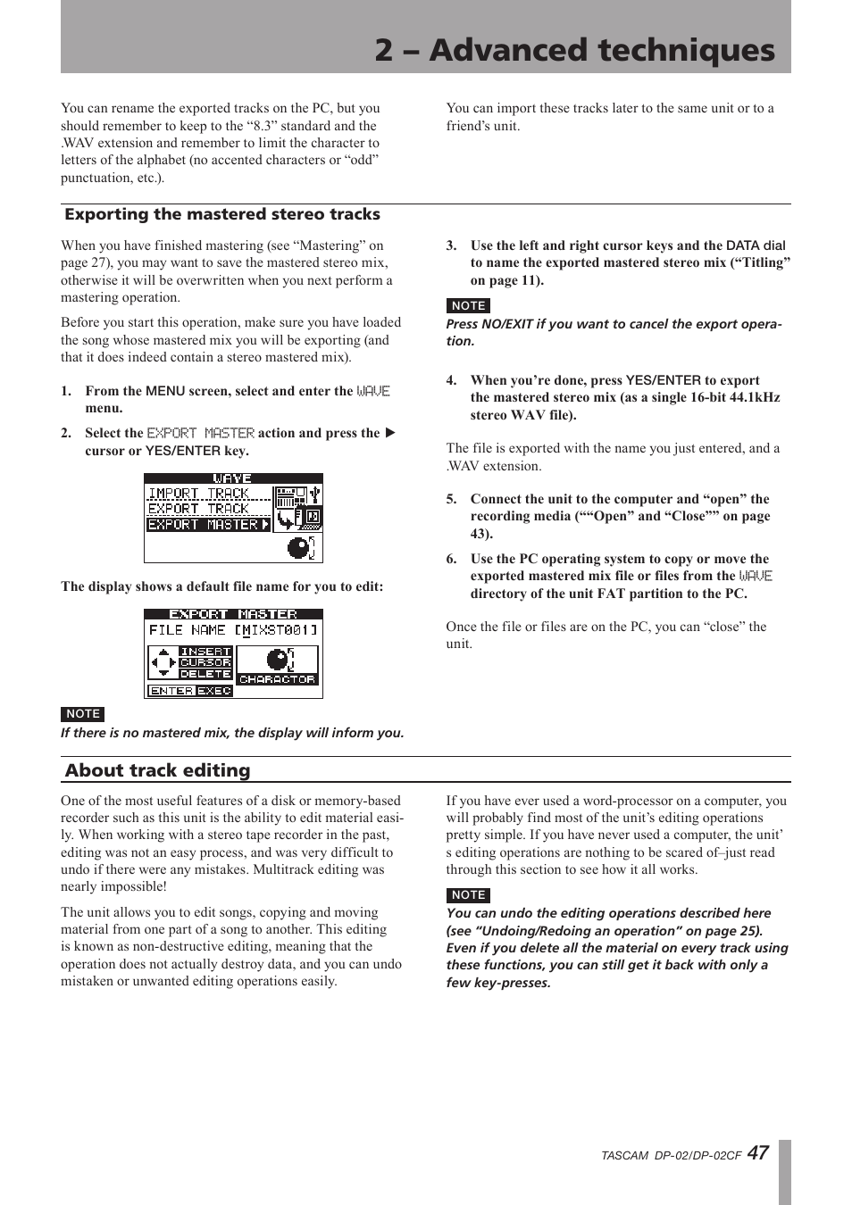 Exporting the mastered stereo tracks, About track editing, Important safety instructions | 2 – advanced techniques | Tascam DP-02 User Manual | Page 47 / 80