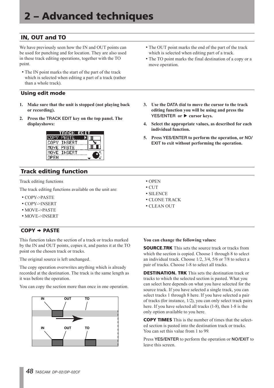 In, out and to, Using edit mode, Track editing function | Copy paste, Copy, Paste, Important safety precautions, 2 – advanced techniques | Tascam DP-02 User Manual | Page 48 / 80