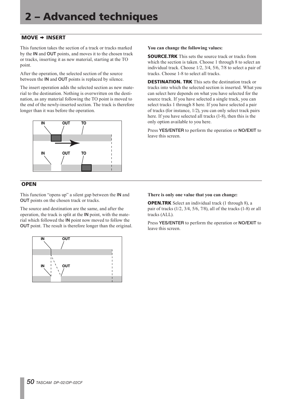 Move insert, Open, Move | Insert, Important safety precautions, 2 – advanced techniques | Tascam DP-02 User Manual | Page 50 / 80