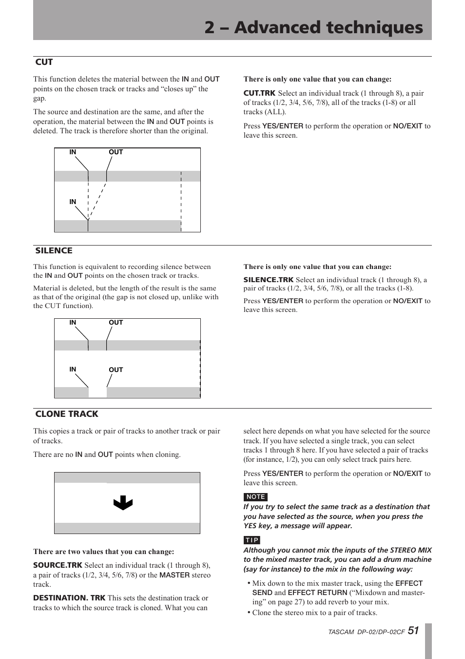 Silence, Clone track, Cut silence clone track | Important safety instructions, 2 – advanced techniques | Tascam DP-02 User Manual | Page 51 / 80