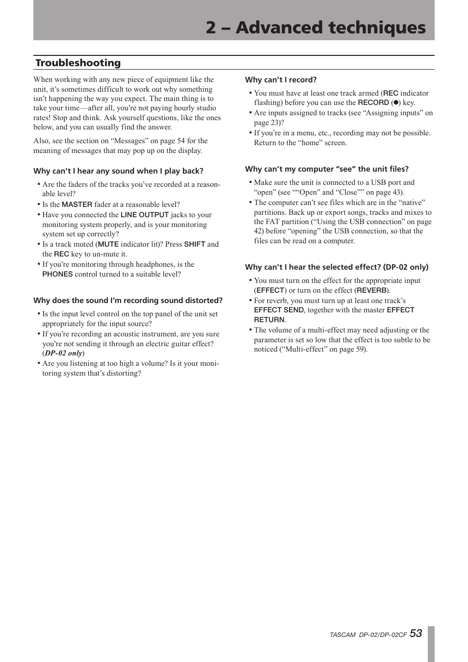 Troubleshooting, Important safety instructions, 2 – advanced techniques | Tascam DP-02 User Manual | Page 53 / 80