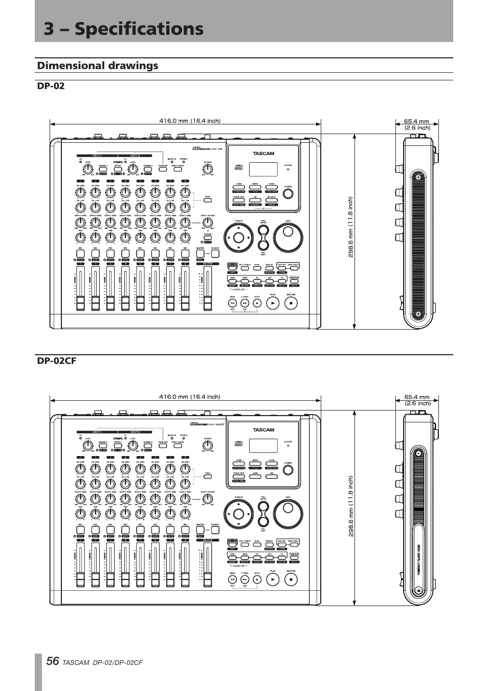 Dimensional drawings, Dp-02, Dp-02cf | Dp-02 dp-02cf, Important safety precautions, 3 – specifications | Tascam DP-02 User Manual | Page 56 / 80