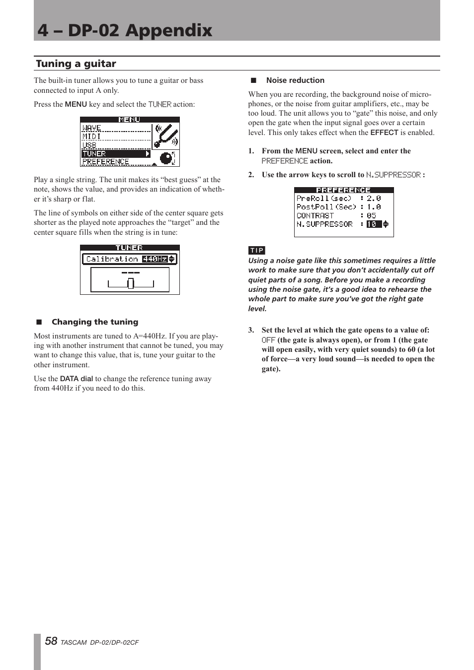 4 - dp-02 appendix, Tuning a guitar, Changing the tuning | Noise reduction, 4 – dp-02 appendix, Important safety precautions | Tascam DP-02 User Manual | Page 58 / 80