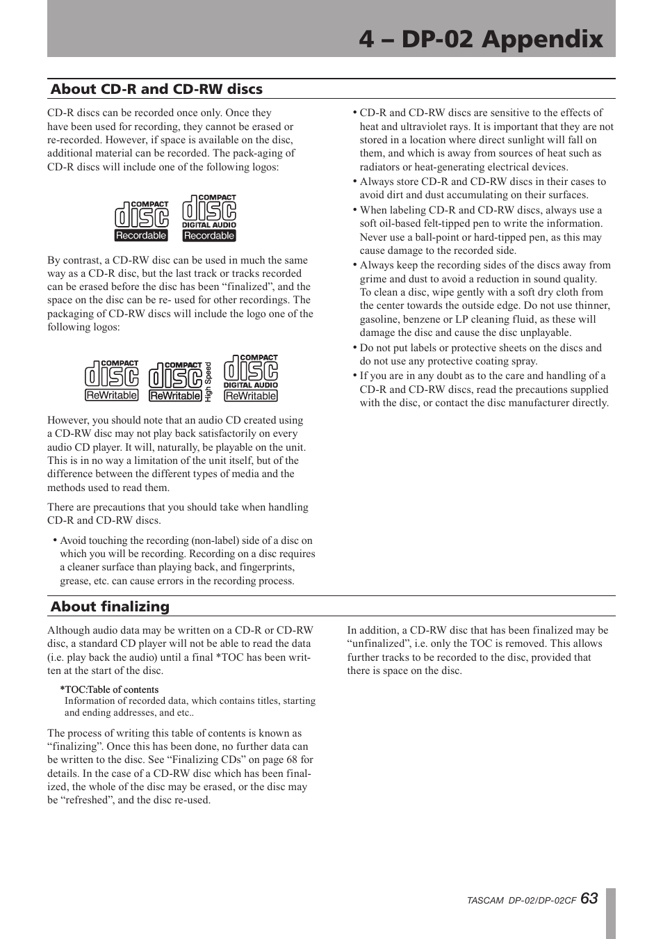 About cd-r and cd-rw discs, About finalizing, About cd-r and cd-rw discs about finalizing | Important safety instructions, 4 – dp-02 appendix | Tascam DP-02 User Manual | Page 63 / 80