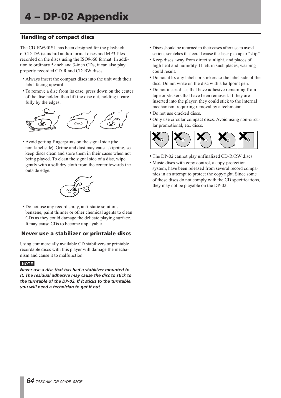 Handling of compact discs, Never use a stabilizer or printable discs, Important safety precautions | 4 – dp-02 appendix | Tascam DP-02 User Manual | Page 64 / 80