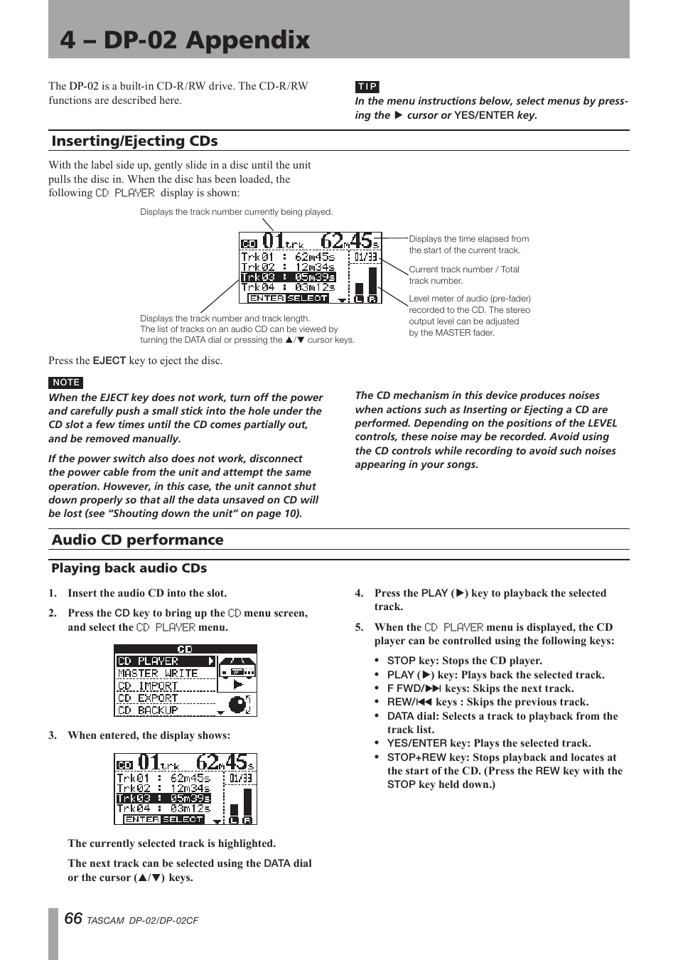 Inserting/ejecting cds, Audio cd performance, Playing back audio cds | Inserting/ejecting cds audio cd performance, Important safety precautions, 4 – dp-02 appendix | Tascam DP-02 User Manual | Page 66 / 80