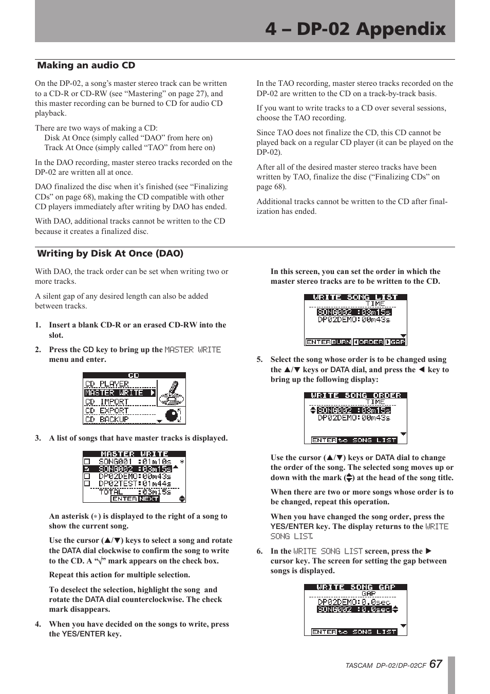 Making an audio cd, Writing by disk at once (dao), Making an audio cd writing by disk at once (dao) | Important safety instructions, 4 – dp-02 appendix | Tascam DP-02 User Manual | Page 67 / 80
