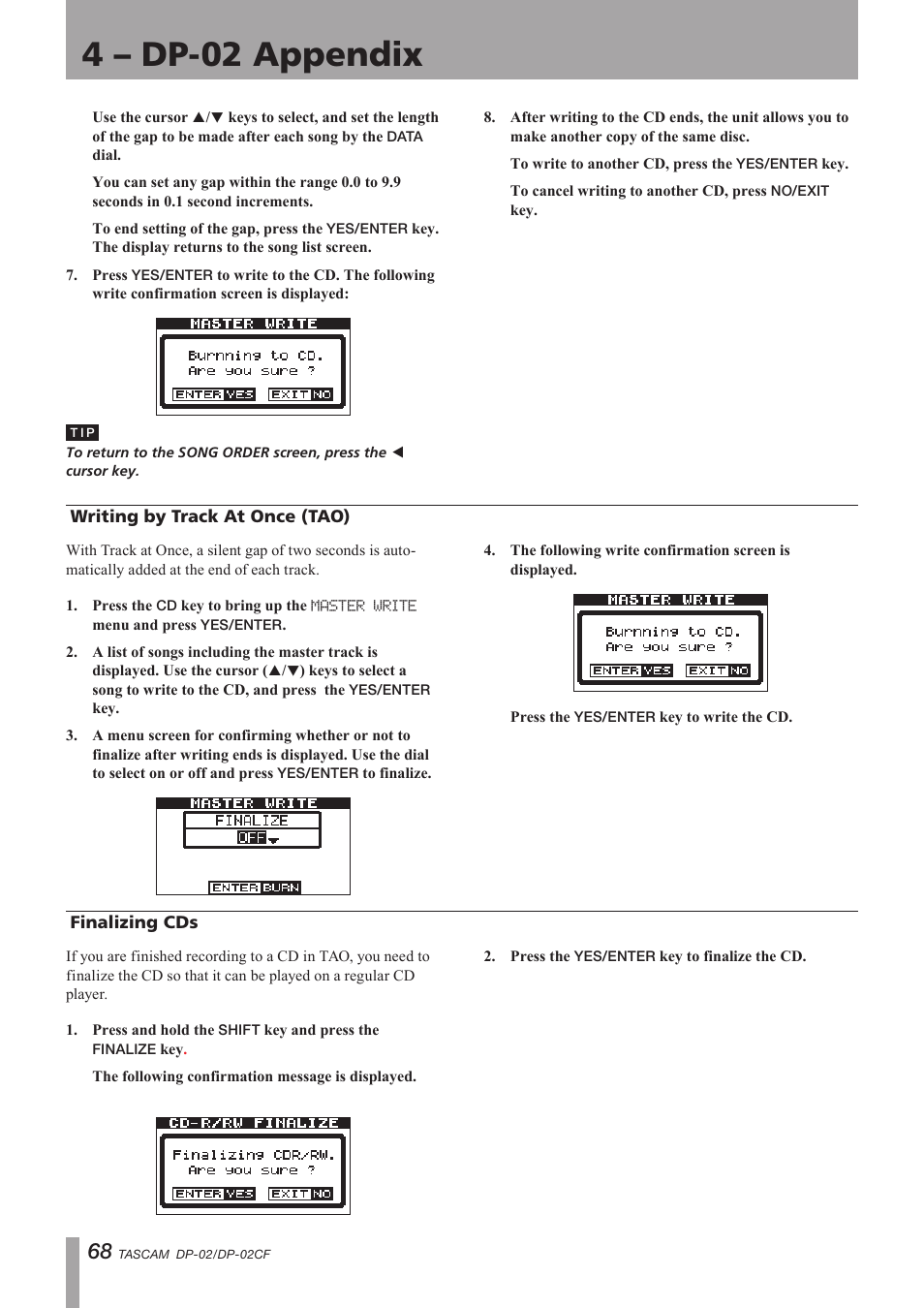 Writing by track at once, Finalizing cds, Writing by track at once (tao) finalizing cds | Important safety precautions, 4 – dp-02 appendix | Tascam DP-02 User Manual | Page 68 / 80