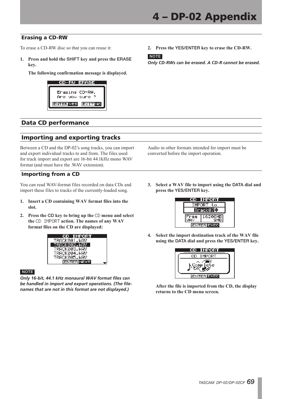Erasing a cd-rw, Data cd performance, Importing and exporting tracks | Importing from a cd, Data cd performance importing and exporting tracks, Important safety instructions, 4 – dp-02 appendix | Tascam DP-02 User Manual | Page 69 / 80