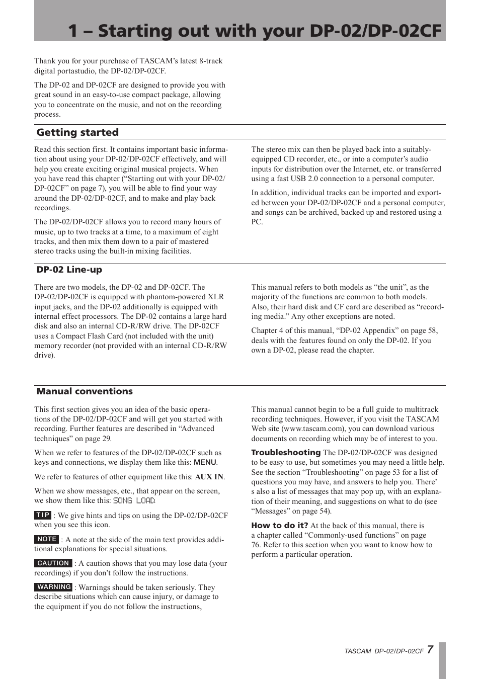 1 - starting out with your dp-02/dp-02cf, Getting started, Dp-02 line-up | Manual conventions, 1 – starting out with your, Dp-02/dp-02cf, Dp-02 line-up manual conventions, Important safety instructions | Tascam DP-02 User Manual | Page 7 / 80