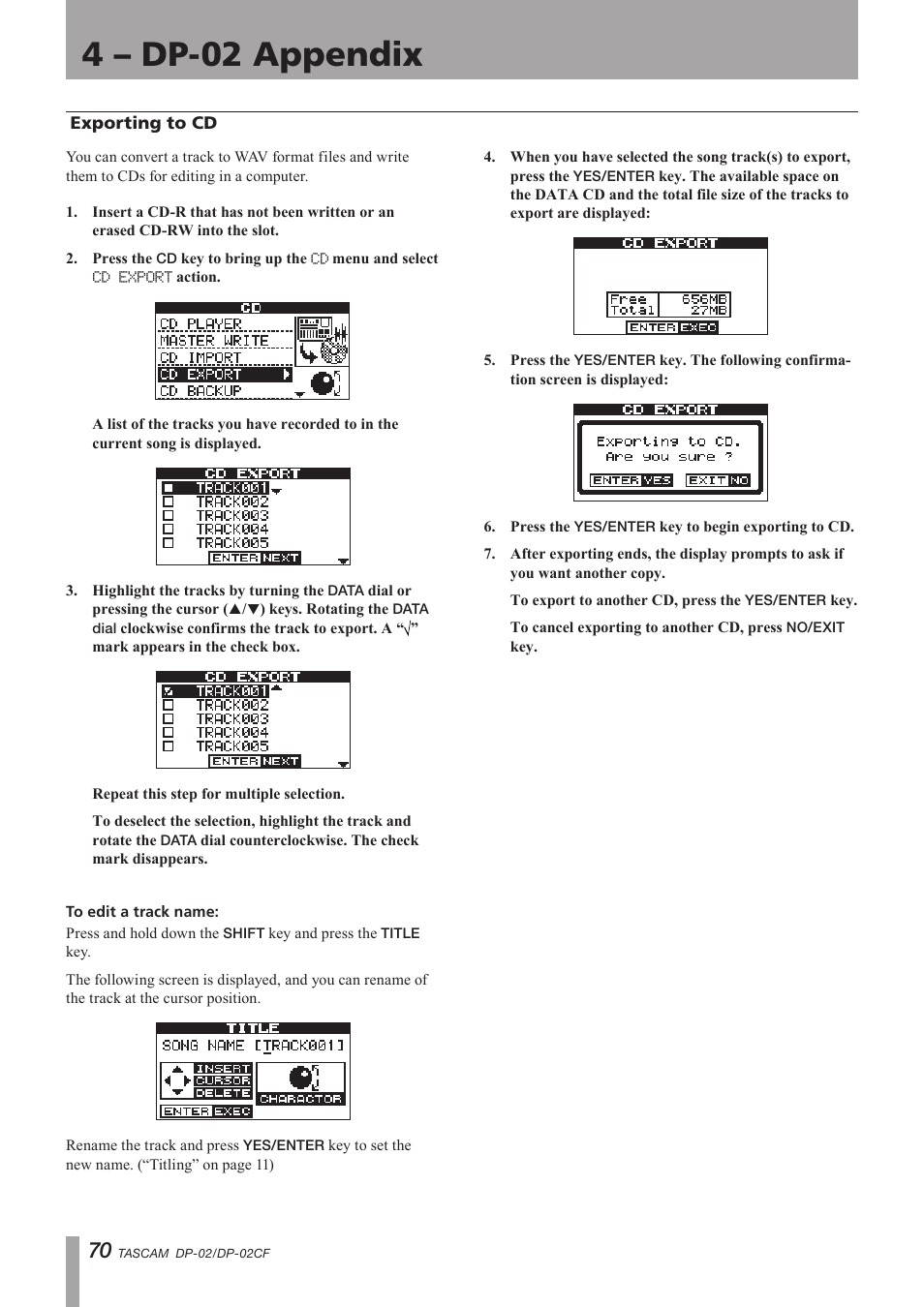 Exporting to cd, Important safety precautions, 4 – dp-02 appendix | Tascam DP-02 User Manual | Page 70 / 80