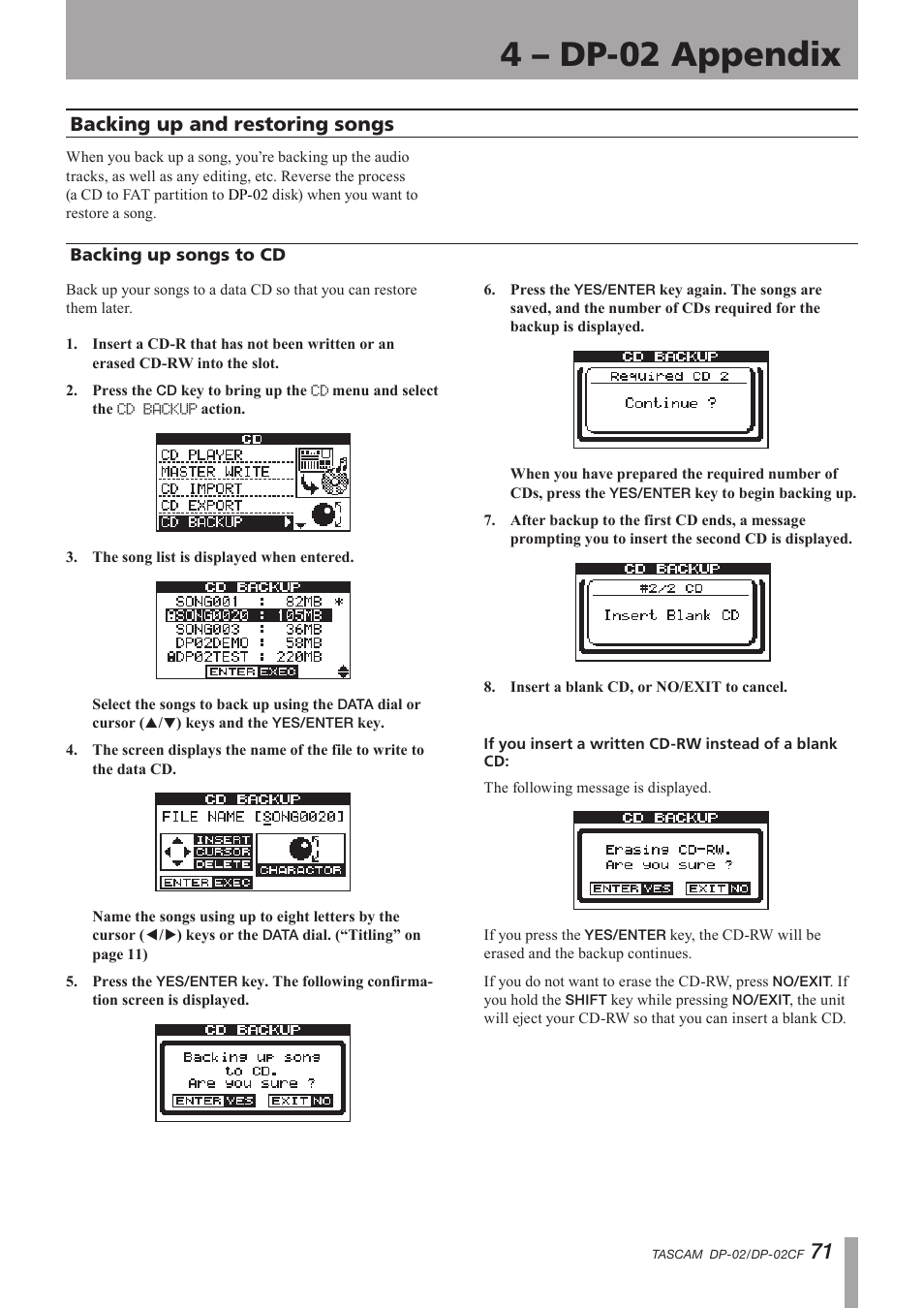 Backing up and restoring songs, Backing up songs to cd, Important safety instructions | 4 – dp-02 appendix | Tascam DP-02 User Manual | Page 71 / 80