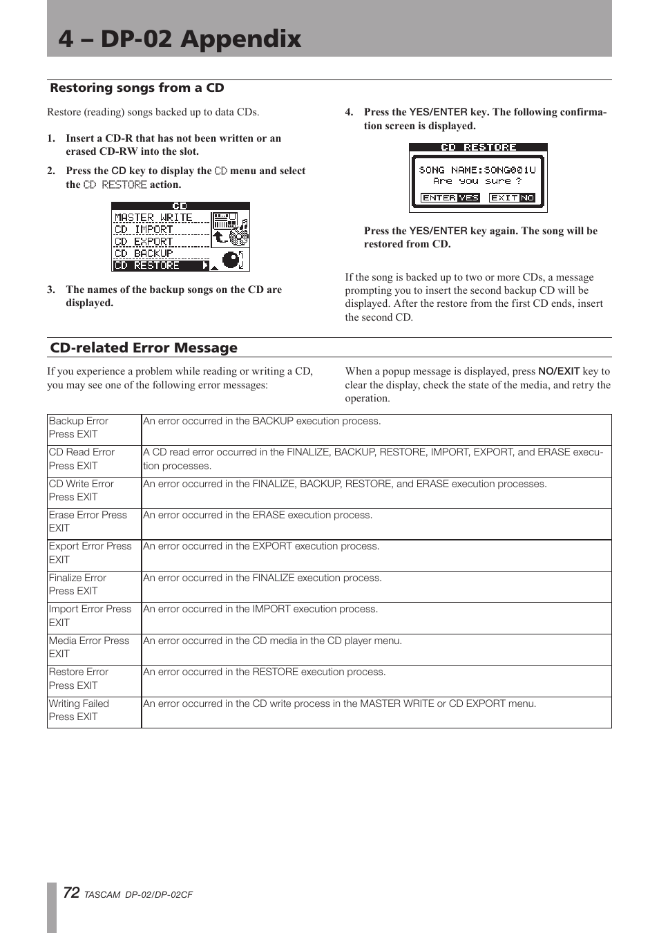 Restoring songs from a cd, Cd-related error message, Important safety precautions | 4 – dp-02 appendix | Tascam DP-02 User Manual | Page 72 / 80