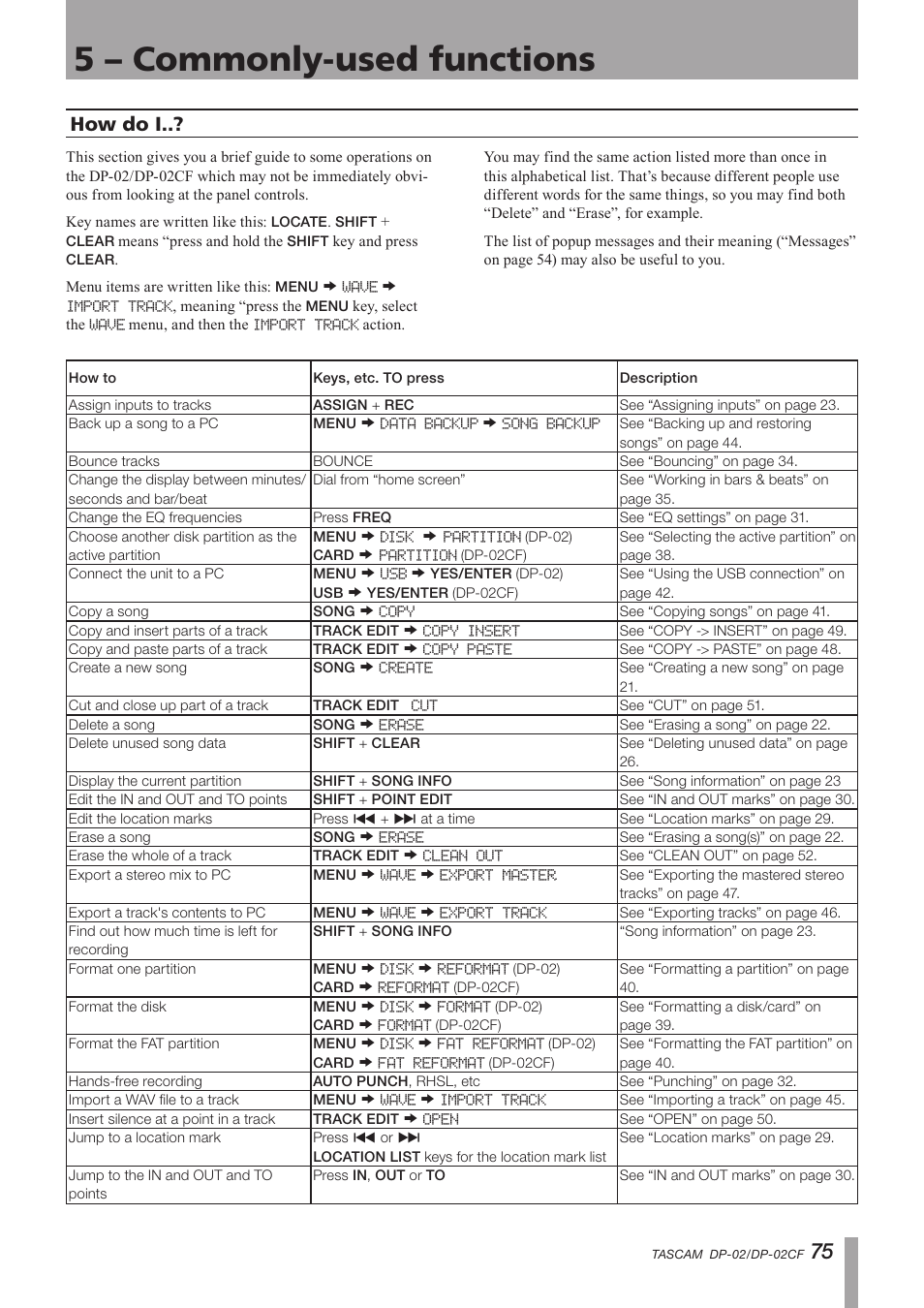 5 - dp-02/dp-02cf appendix, How do i, 5 – commonly-used functions | Important safety instructions | Tascam DP-02 User Manual | Page 75 / 80