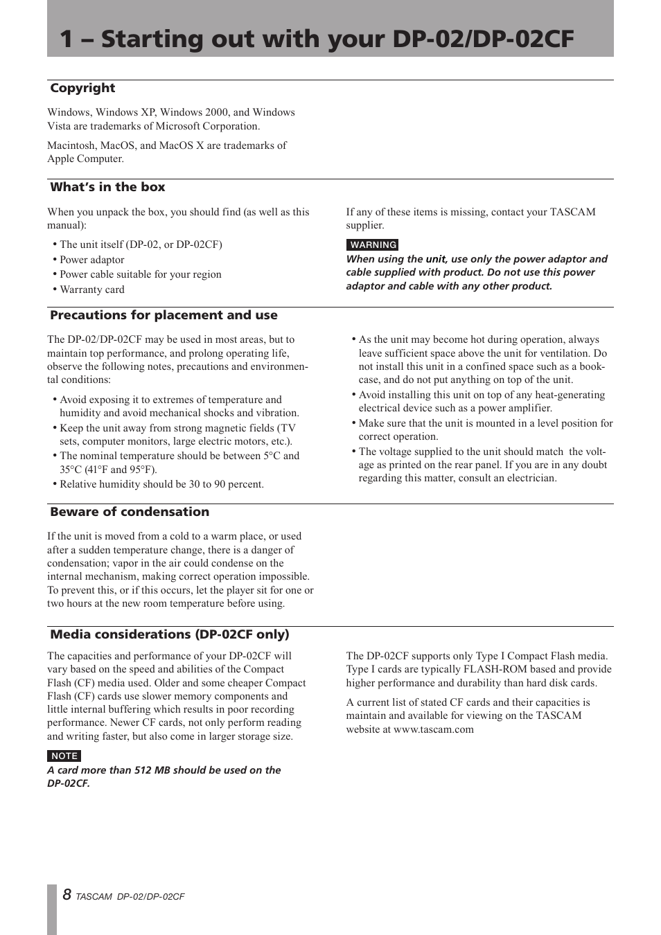 Copyright, What’s in the box, Precautions for placement and use | Beware of condensation, Media considerations (dp-02 only), Important safety precautions | Tascam DP-02 User Manual | Page 8 / 80