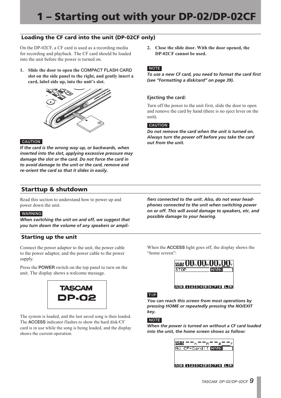 Loading the cf card into the unit (dp-02cf only), Starttup & shutdown, Starting up the unit | Loading the cf card into the unit, Dp-02cf only), Important safety instructions | Tascam DP-02 User Manual | Page 9 / 80